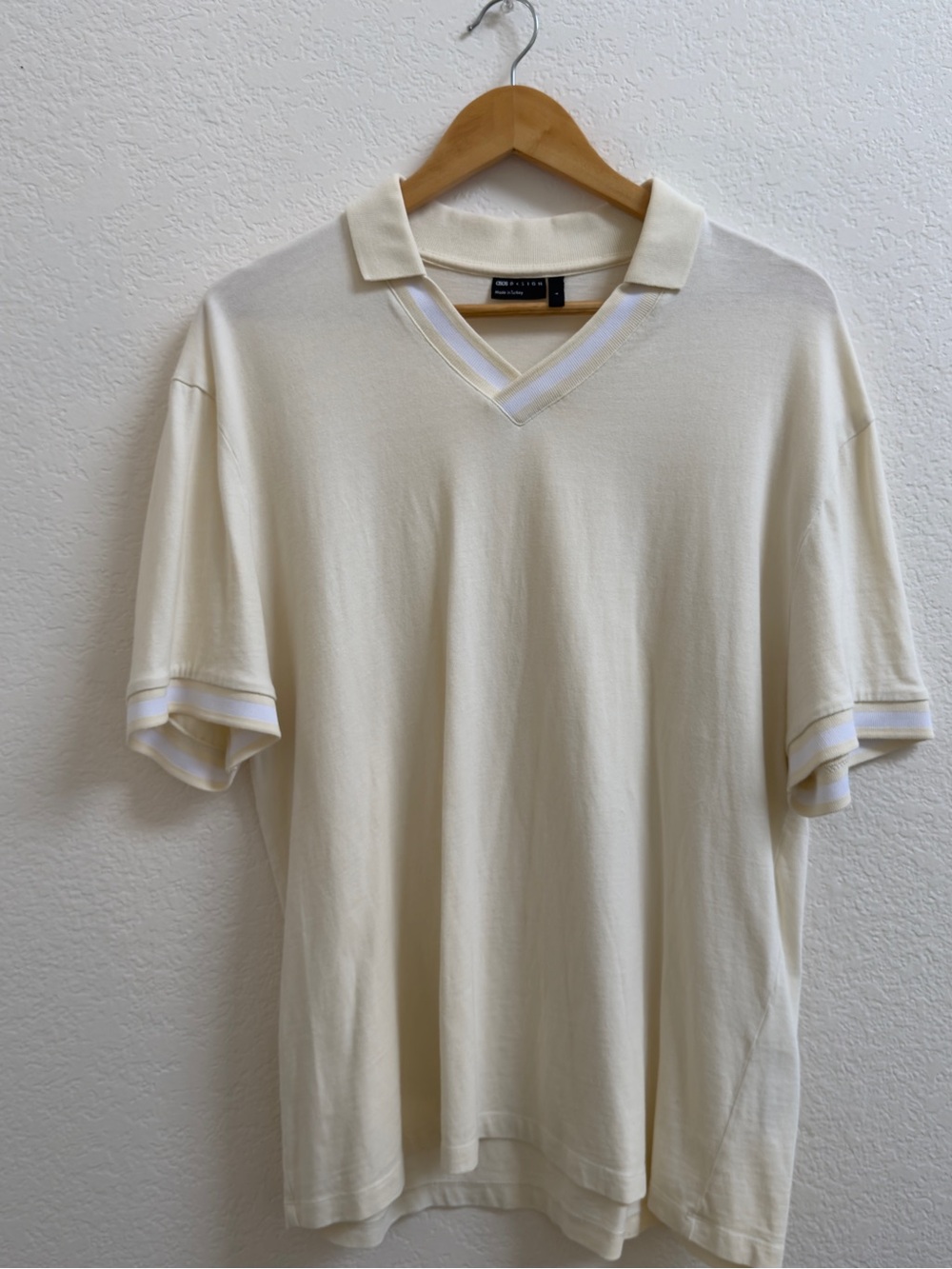 ASOS Cream V-Neck Polo Shirt with White Trim